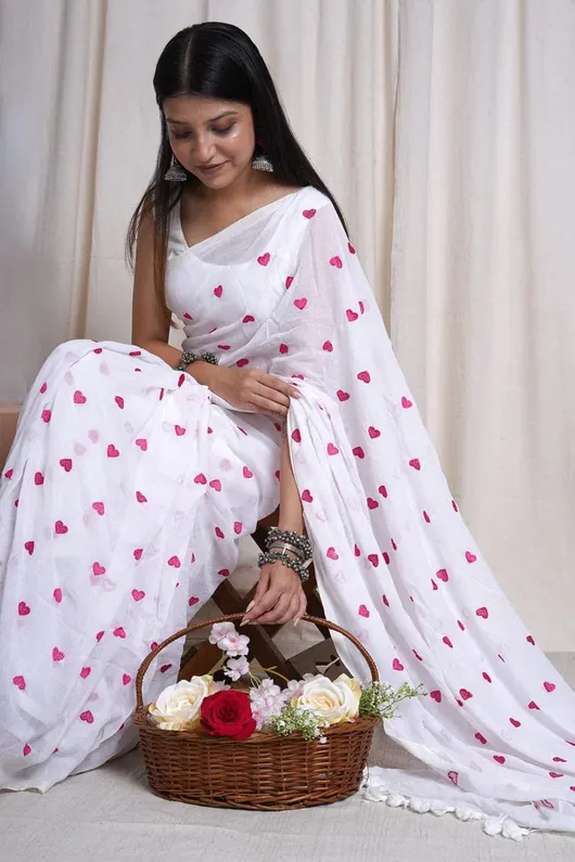 White With Red Heart Embroidered Soft Khadi Cotton Saree for Women, Party, Wedding